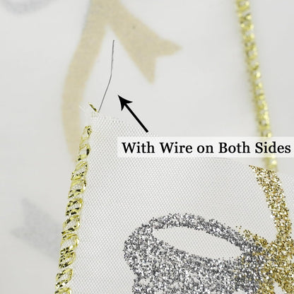 MEEDEE Gold & Silver Christmas Ribbon - 2.5 Inch White Satin with Glittery Bows Pattern - 10 Yards Wired Ribbon for Tree, Garlands & Toppers - Crafty Corner