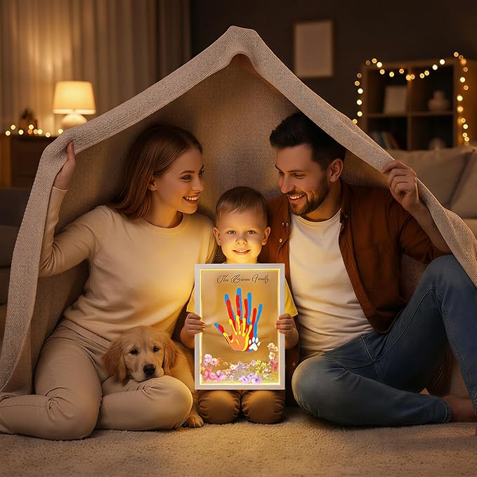 OurWarm Family Handprint Kit with Light, DIY Handprint Family Keepsake Wooden Frame with Sticker & Non-Toxic Baby Safe Paint, Baby Keepsake Gifts for Newborn, Mother's Day, New Parents, Adoption Day