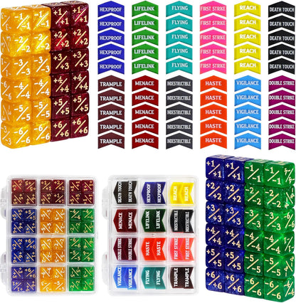 108PCS MTG Tokens & 12mm MTG Dice Set for Magic Card, Keyword Token Life Counters Dice with Box, Compatible with Magic CCG Card Gaming Accessories
