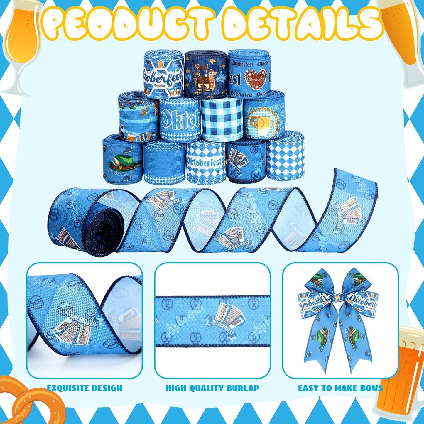 12 Rolls Oktoberfest Wired Edge Ribbon for Wreaths 2.5 Inch x 30 Yards Blue and White Print Grosgrain Ribbon Bavarian German Beer Crafts for Oktoberfest Party Decorative Supplies, 12 Styles - Crafty Corner