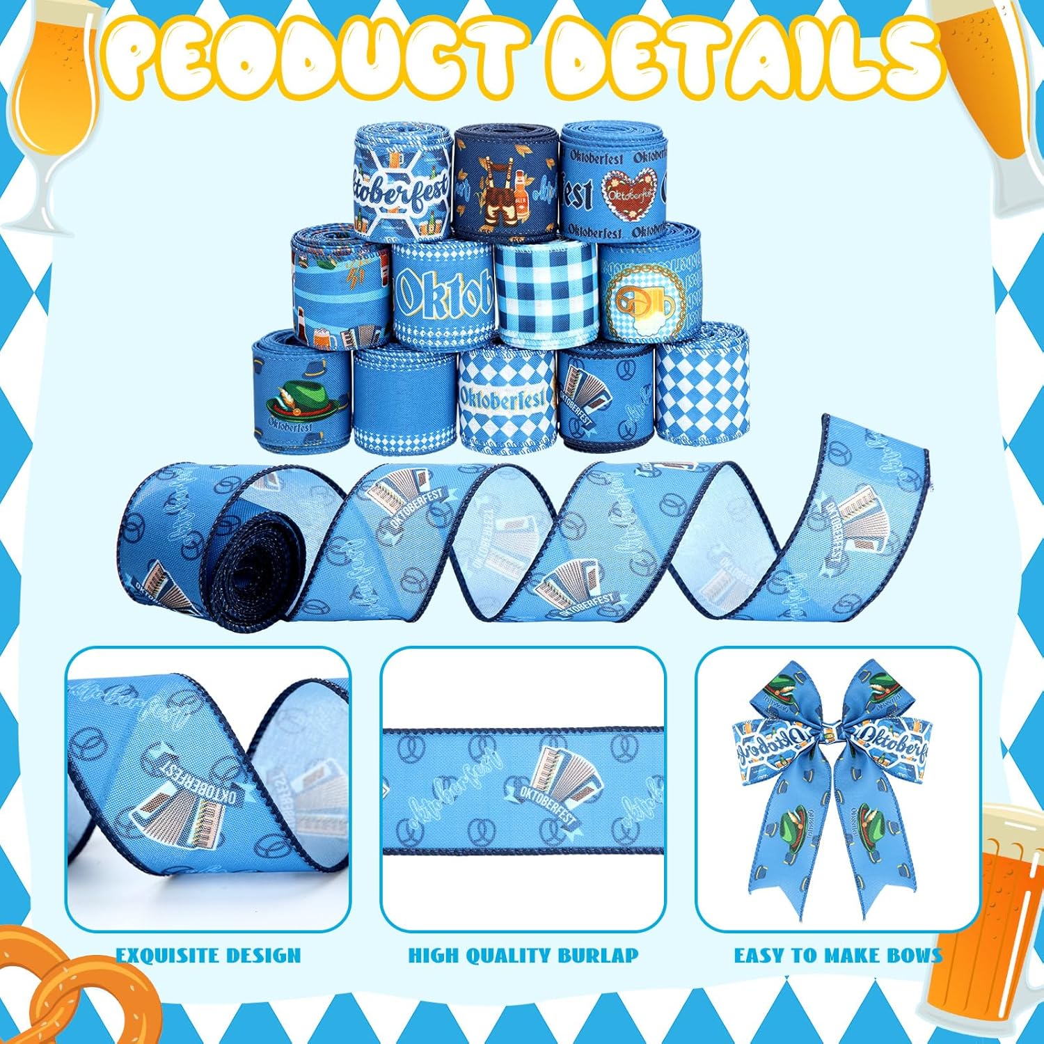 12 Rolls Oktoberfest Wired Edge Ribbon for Wreaths 2.5 Inch x 30 Yards Blue and White Print Grosgrain Ribbon Bavarian German Beer Crafts for Oktoberfest Party Decorative Supplies, 12 Styles - Crafty Corner