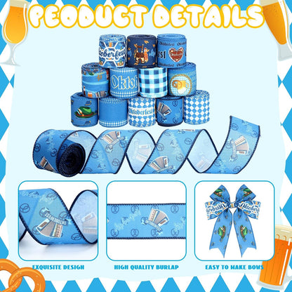 12 Rolls Oktoberfest Wired Edge Ribbon for Wreaths 2.5 Inch x 30 Yards Blue and White Print Grosgrain Ribbon Bavarian German Beer Crafts for Oktoberfest Party Decorative Supplies, 12 Styles - Crafty Corner