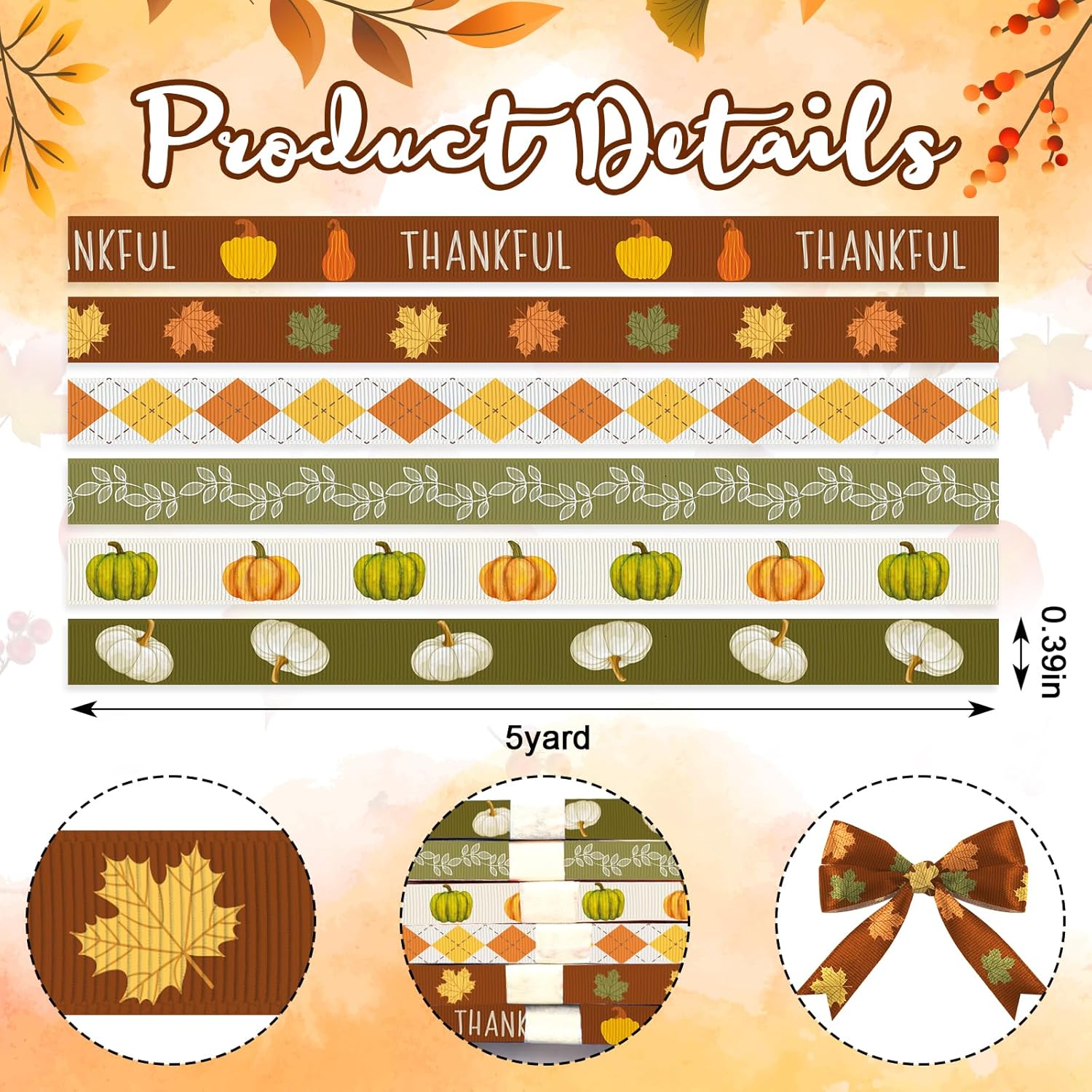 6 Rolls 30 Yards Thanksgiving Fall Ribbons Autumn Harvest Ribbons for Craft Wrapping Orange Pumpkin Maple Leaf Grosgrain Ribbon for Wreath Bows Thanksgiving Party Home Decoration 3/8 Inch - Crafty Corner