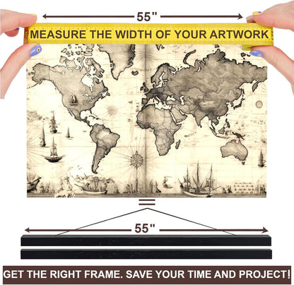 DACRI HOME 55" Magnetic Poster Hanger Frame - Sturdy Teak Wood Poster Frame, Strong Magnets for Easy Hanging Map Picture Canvas Print Scroll Wall Art 55x32 55x39 55x40 (55 Inch, Black)