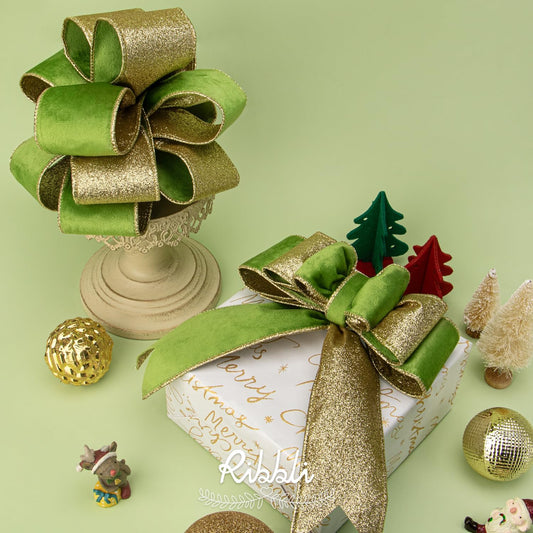 Ribbli Spring Moss Velvet Wired Ribbon 2.5 Inch Lime Green Velvet with Gold Glitter Christmas Ribbon for Christmas Tree Decoration Big Bow Gift Wrapping Crafts Wreaths Supplies- 10 Yards - Crafty Corner