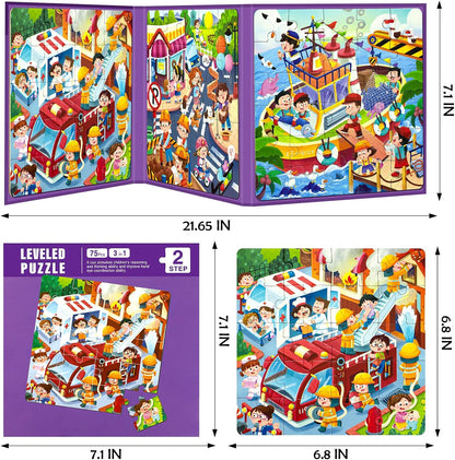 Magnetic Puzzles for Kids Ages 4-8, 3 in 1 Toddlers Cartoon Magnet Jigsaw Puzzle Book, Travel Toys, Preschool Learning Toy for Ages 3-8 (Purple Squad)