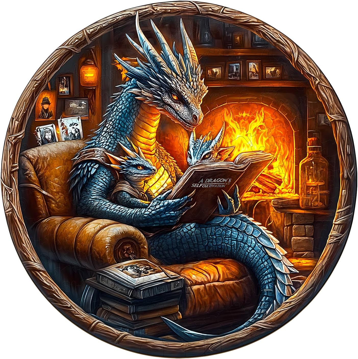 KAAYEE Wooden Puzzles for Adults, 3D Visual Effect Dragon Family Night Reading Wooden Jigsaw Puzzle Unique Shape Wood Puzzle Adult, 3D Effect Flat Puzzle Birthday Family Games (L-13.4*13.4 in-295pcs)