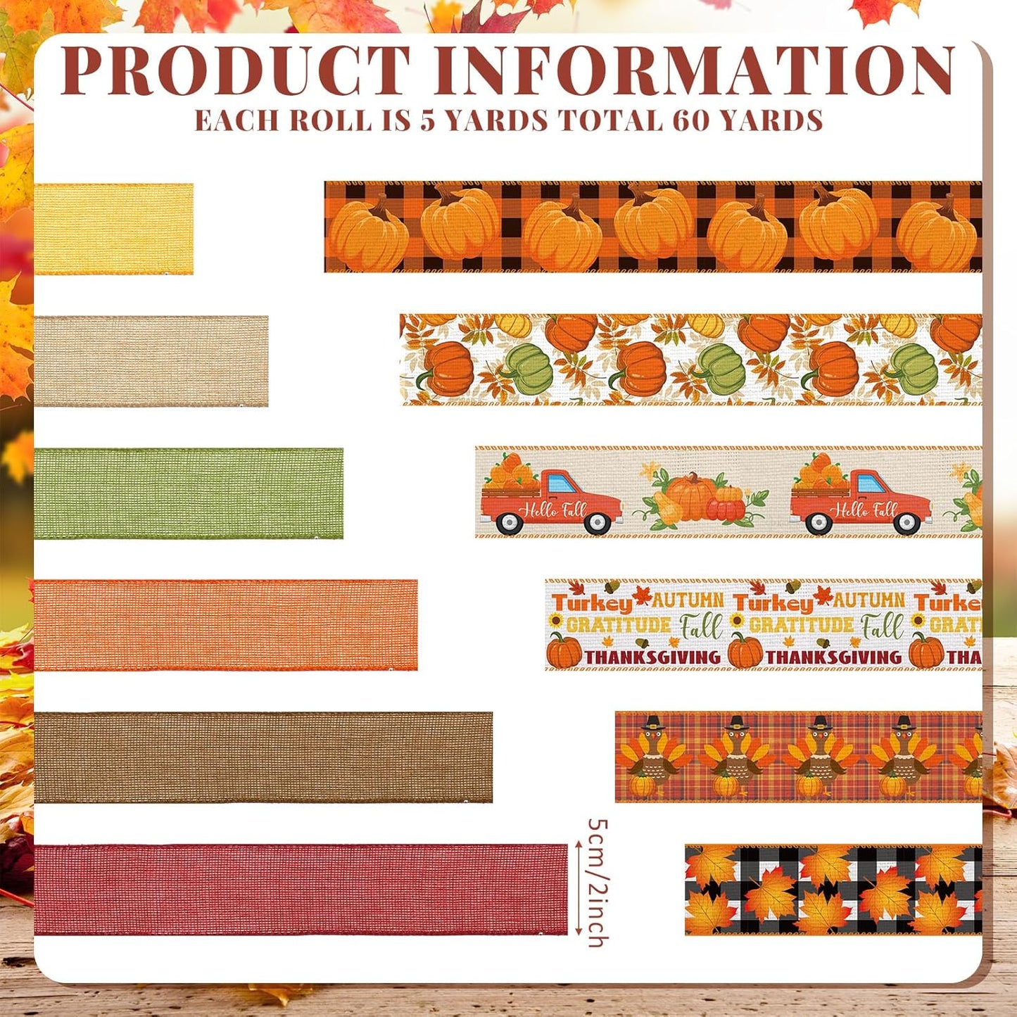12 Rolls Fall Wired Edge Ribbon for Wreaths 2 Inch x 60 Yards Maple Leaves Pumpkin Turkey Print Ribbon Thanksgiving Plaid Crafts for Autumn Harvest Party Decoration Supplies, 12 Styles - Crafty Corner