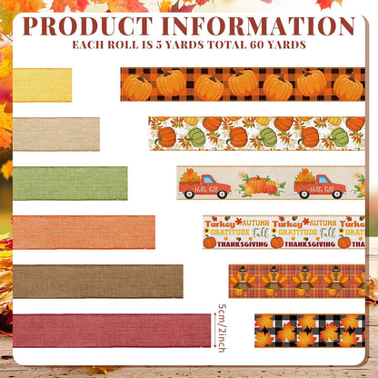12 Rolls Fall Wired Edge Ribbon for Wreaths 2 Inch x 60 Yards Maple Leaves Pumpkin Turkey Print Ribbon Thanksgiving Plaid Crafts for Autumn Harvest Party Decoration Supplies, 12 Styles - Crafty Corner