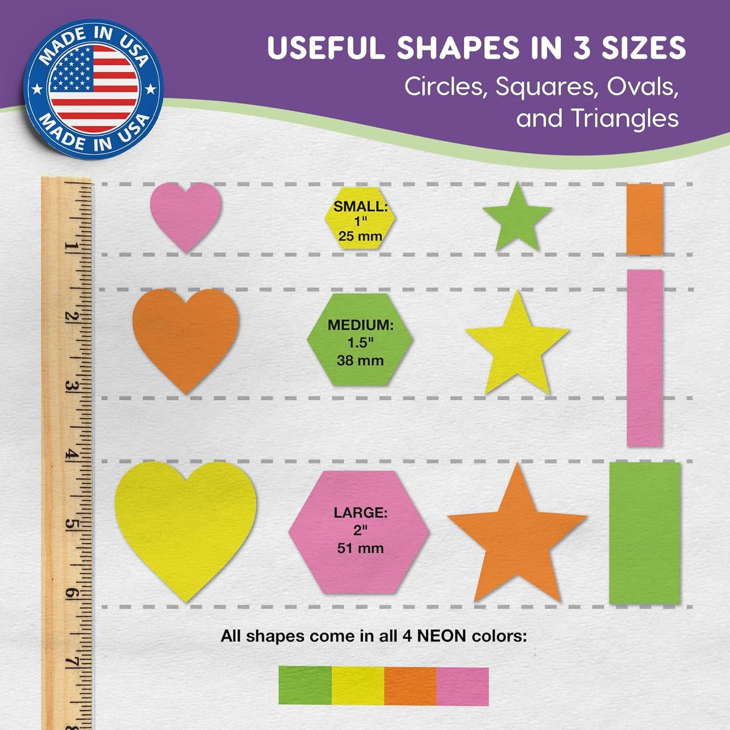 Basic Shapes 2: Hearts, Stars, Hexagons, Rectangles, 696 Pieces US Made Card Stock Punch Out Geometric Shapes in 3 Sizes and 4 NEON Colors for Math, Pattern Play and DIY Crafting - Crafty Corner
