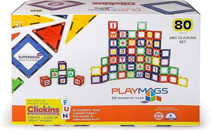 Playmags Magnetic Tile Building Set: Exclusive Educational Clickins – 80-Pc. Kit: 40 Super Strong Clear Color Magnet Tiles Windows & 40 Letters & Numbers – Stimulate Creativity & Brain Development