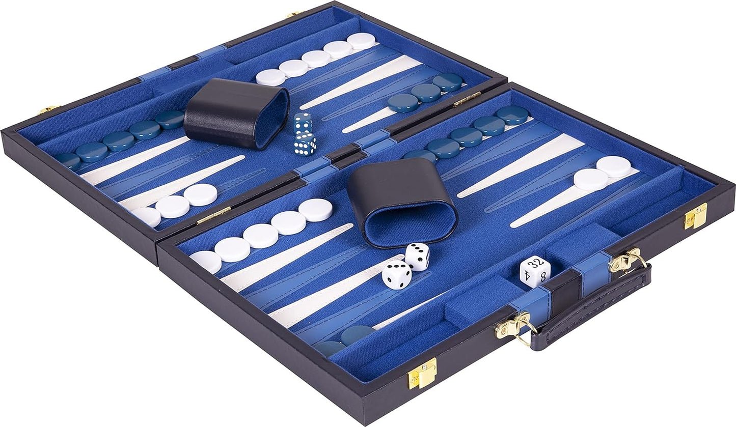 Backgammon Set 11 inch, Small - Classic Board Game for Adults and Kids with Premium Leather Case - Includes Strategy & Tip Guide (Blue)