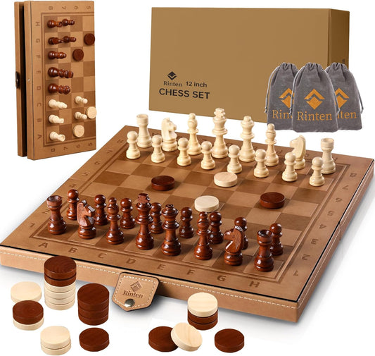 Chess Set Board for Kids & Adults, 12" Travel Magnetic Chess & Checkers Folding Board 2 in 1 Sets, Portable Folding Leather Chess Boards with 3 Velvet Bag Packaging Pieces