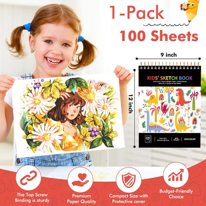 Soucolor 9" x 12" Kids Sketch Book, 100 Sheets Spiral Bound Art Sketchbook, Acid Free Artist Drawing Book Paper, Art Supplies for Adults, Craft Activities, Sketch Paper for Drawing Coloring Sketching - Crafty Corner