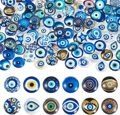Craftora 100Pcs 12mm Evil Eye Glass Cabochons for Jewelry Making, Mixed Blue Eyes Half Round Cameo Dome Tiles Flatback Dome Cabochons for DIY Bracelets Necklace Scrapbooking DIY Crafts