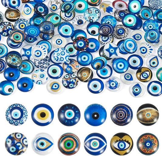 Craftora 100Pcs 12mm Evil Eye Glass Cabochons for Jewelry Making, Mixed Blue Eyes Half Round Cameo Dome Tiles Flatback Dome Cabochons for DIY Bracelets Necklace Scrapbooking DIY Crafts