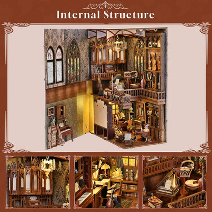 Book Nook Kit Music, DIY Miniature House Kit Book Nook, 3D Wooden Puzzle Bookshelf Insert Diorama Kit with Led Light for Teens and Adults (Timeless Melody)