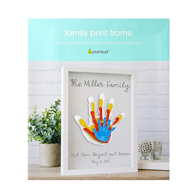 Pearhead Clear Family Handprint Frame, Gift for Moms from Kids, DIY Art Print Keepsake, Wall Home Decor, Gift for New and Expecting Parents, 4 Paint Colors Included