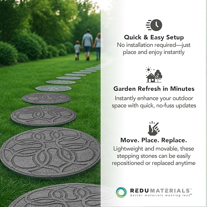 Garden Central TierraVerde 4-Pack 18”x18” Fake Pendant Rubber Stepping Stones, Round, Grey – Reversible Non-Slip Outdoor Faux Decorative Set for Landscaping – DIY Decor for Walkways & Yard Pathways
