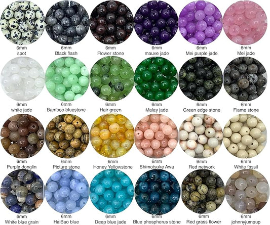 960pcs 6mm Natural Round Stone Beads,Multiolor Crystal Energy Stone,Loose Gemstone Accessories Hole Size 1mm,DIY Smooth Beads Necklace Bracelet for Jewelry Making (6mm 24Color 02 Material-A)
