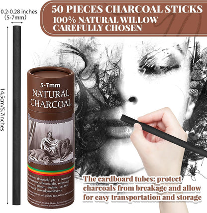 Gueevin 50 Pcs Willow Charcoal Sticks, Willow Charcoal, Artists, Beginners, Students, Perfect for Sketching, Drawing, Shading, and Fine Art Christmas Gifts for Art (5-7mm)