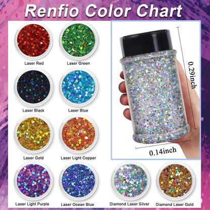 Renfio 2 Sizes Glitter, 2.11oz/60g Purple Glitter, Holographic Fine Glitter Mix Chunky Glitter for Crafts Sequins Valentines Resin Glitters PET Flakes for Nail Art Tumblers Slime - Laser Light Purple