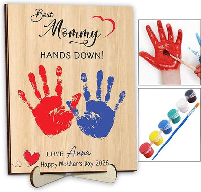 Personalized Hands Down Best Dad Ever Handprint Kit with Paint, Family Craft Wooden Sign, Fathers Day Handprint Plaque Keepsake, Mothers Day Birthday Gift for Mom, Grandma, Nana, Aunt