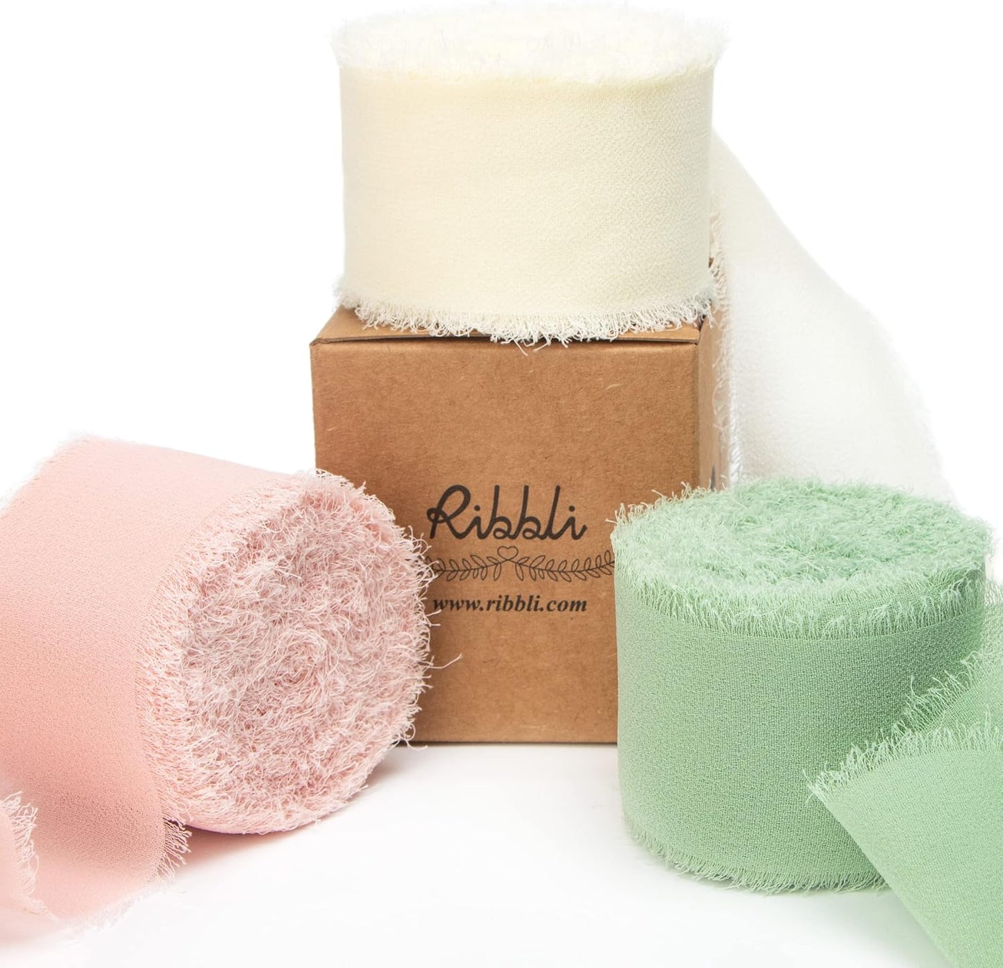 Ribbli Chiffon Ribbon 1.5 inch x 30 Yard Handmade Silk Ribbon, Ivory/Blush Pink/Sage Green Fringe Chiffon Ribbon for Wedding Invitations, Bridal Bouquets Wrapping, Flower Arrangement Decoration - Crafty Corner