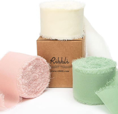 Ribbli Chiffon Ribbon 1.5 inch x 30 Yard Handmade Silk Ribbon, Ivory/Blush Pink/Sage Green Fringe Chiffon Ribbon for Wedding Invitations, Bridal Bouquets Wrapping, Flower Arrangement Decoration - Crafty Corner