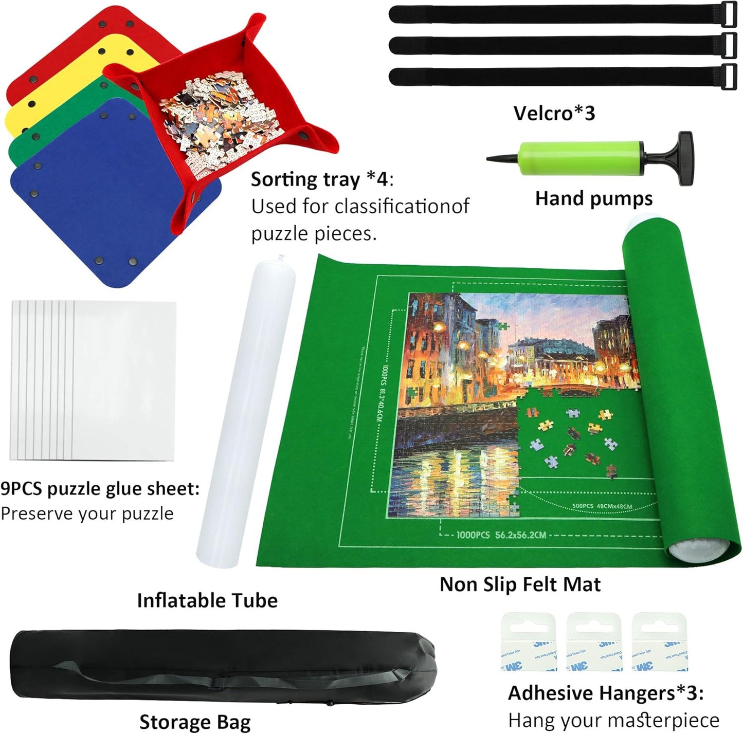 Portable Puzzle Mat Roll Up - with 9 Glue Sheets, Sorting Trays, Hand Pump, Inflatable Tube, and Storage Bag - Perfect for Kids and Adults (Green, 1500pcs)