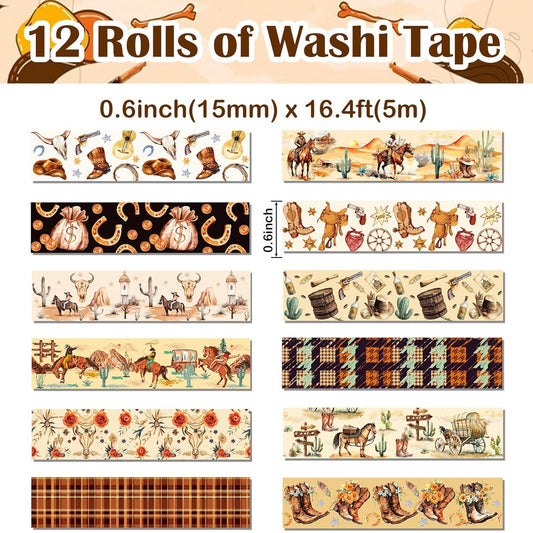 12 Rolls Western Washi Tapes, Wild West Cowboy Masking Tapes, Cowboy and Cowgirl Decorative Adhesive Stickers for Handbook Sticker Scrapbook Journaling Party Supplies DIY Craft Gift Wrapping 16.4FT