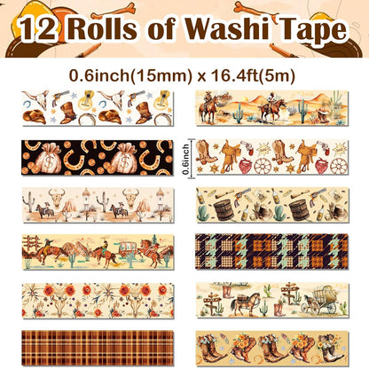 12 Rolls Western Washi Tapes, Wild West Cowboy Masking Tapes, Cowboy and Cowgirl Decorative Adhesive Stickers for Handbook Sticker Scrapbook Journaling Party Supplies DIY Craft Gift Wrapping 16.4FT