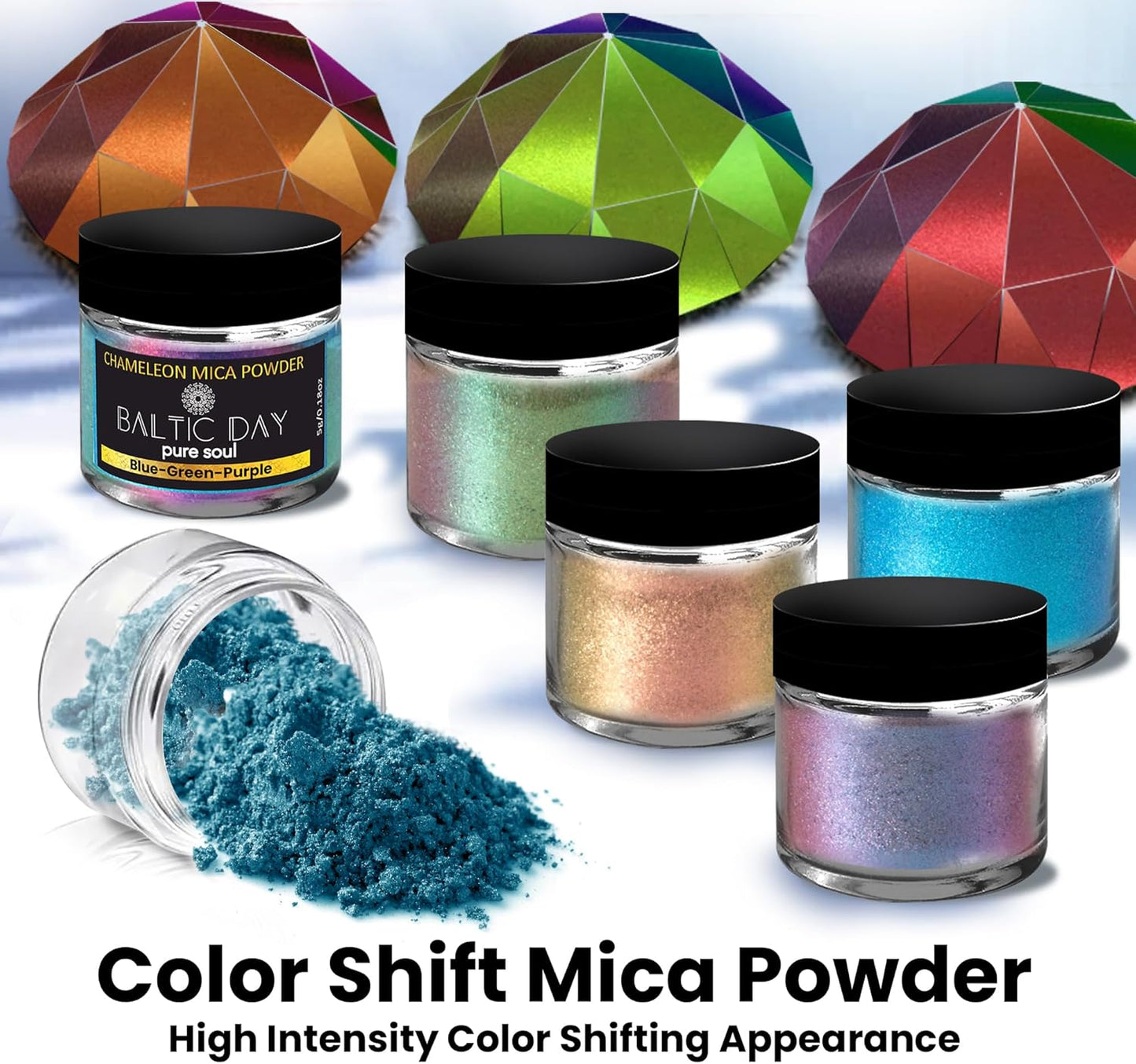 BALTIC DAY - Chameleon Mica Powder, 4 Jars of Color Shift Mica Powder Set - Epoxy Resin Color Pigment Powder - Chameleon Powder - Holographic Mica Powder