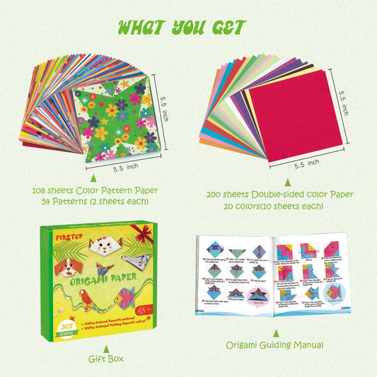 308 Sheets Origami Paper Kit, 5.5inch Craft Origami Set for Kids Ages 5-12, with 54 Patterns & Guiding Book for Beginners, Art Projects for Children Adult, Birthday Christmas Gifts for Boys&Girls - Crafty Corner