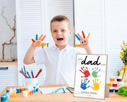 Hands Down Best Dad Ever Handprint Art Wooden Sign with Stand and Hook, DIY My 1st Father Day Crafts Keepsake, 9x12 Inch Personalized Gifts for Dad Daddy from Wife Daughter & Son
