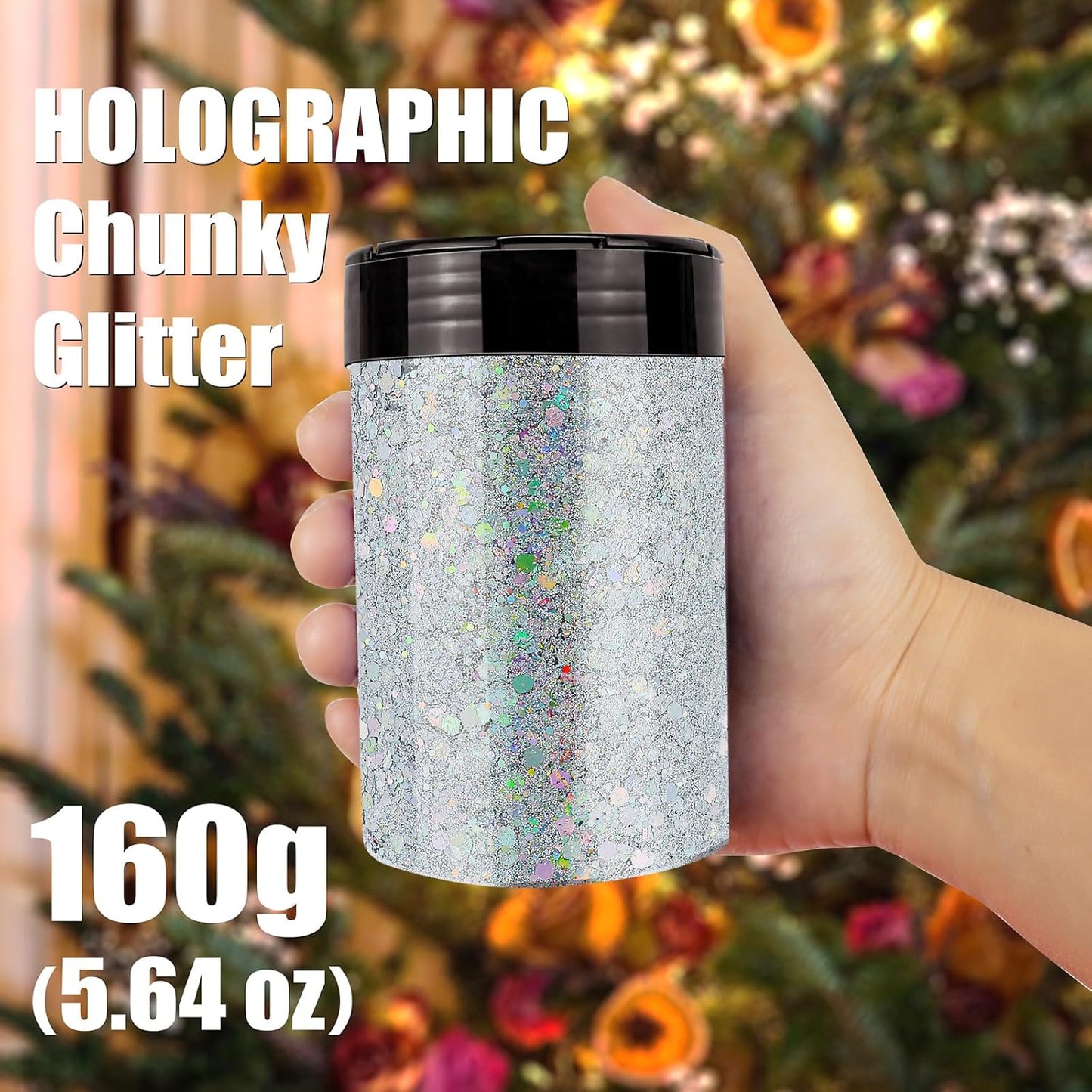 Holographic Chunky Glitter, 5.64oz/160g Craft Glitter Powder Mixed Chunky & Fine Flakes, Iridescent Sequins for Nail Art, Hair, Body, Eye Epoxy Resin, Tumblers, Painting, Festival Decor (Silver)