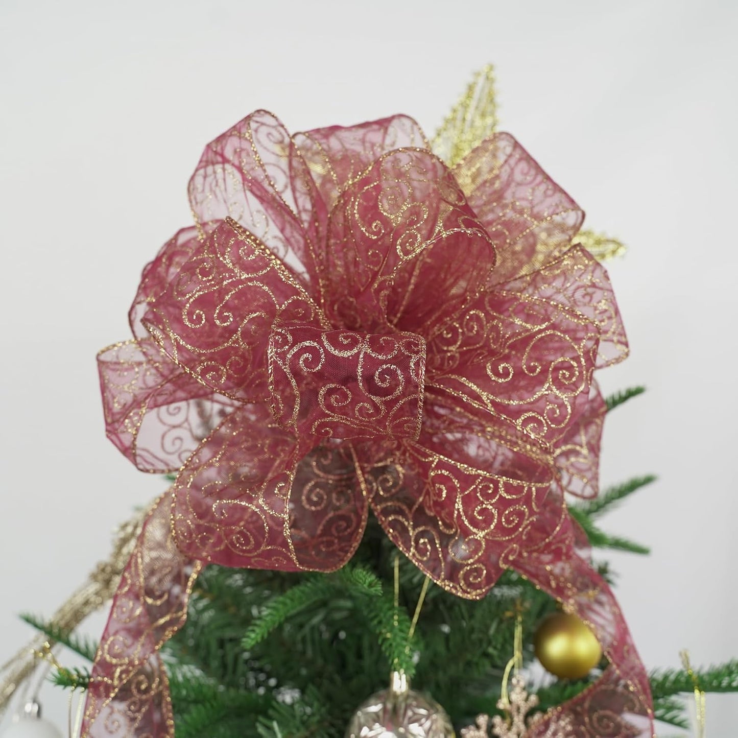 MEEDEE Red Gold Swirl Wired Ribbon 2.5 Inch Dark Red Sheer Ribbon with Gold Swirl Glitter Wired Ribbon Organza Sheer Ribbon 25 Yards Burgundy Sheer Christmas Ribbon for Christmas Tree, Wreath Bow - Crafty Corner
