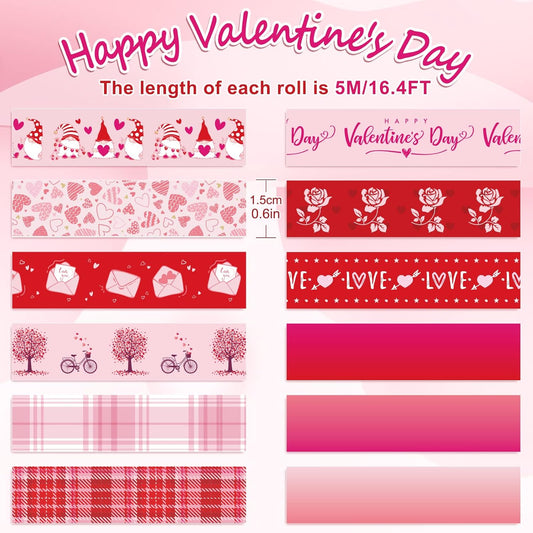 Whaline 12 Rolls Valentine Washi Tape Red Pink Heart Gnome Love Masking Tape for Wedding Scrapbook DIY Craft Gift Wrapping, 0.6" x 16.4ft