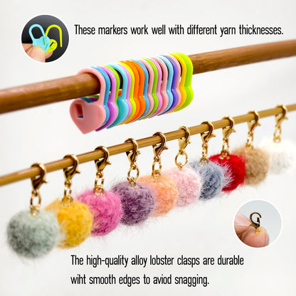 10 Pcs Cute Wool Ball Stitch Markers for Crocheting with Alloy Lobster Clasps & 20 Pcs Heart-Shaped Knitting Markers,for Knitting & Crochet Supplies,Suitable for Various Yarn thicknesses.