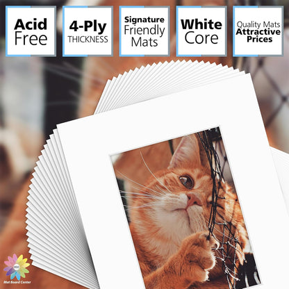 Mat Board Center, Pack of 25, 8x10 for 5x7 White Mats - Acid Free, 4-ply Thickness, White Core - for Pictures, Photos, Framing