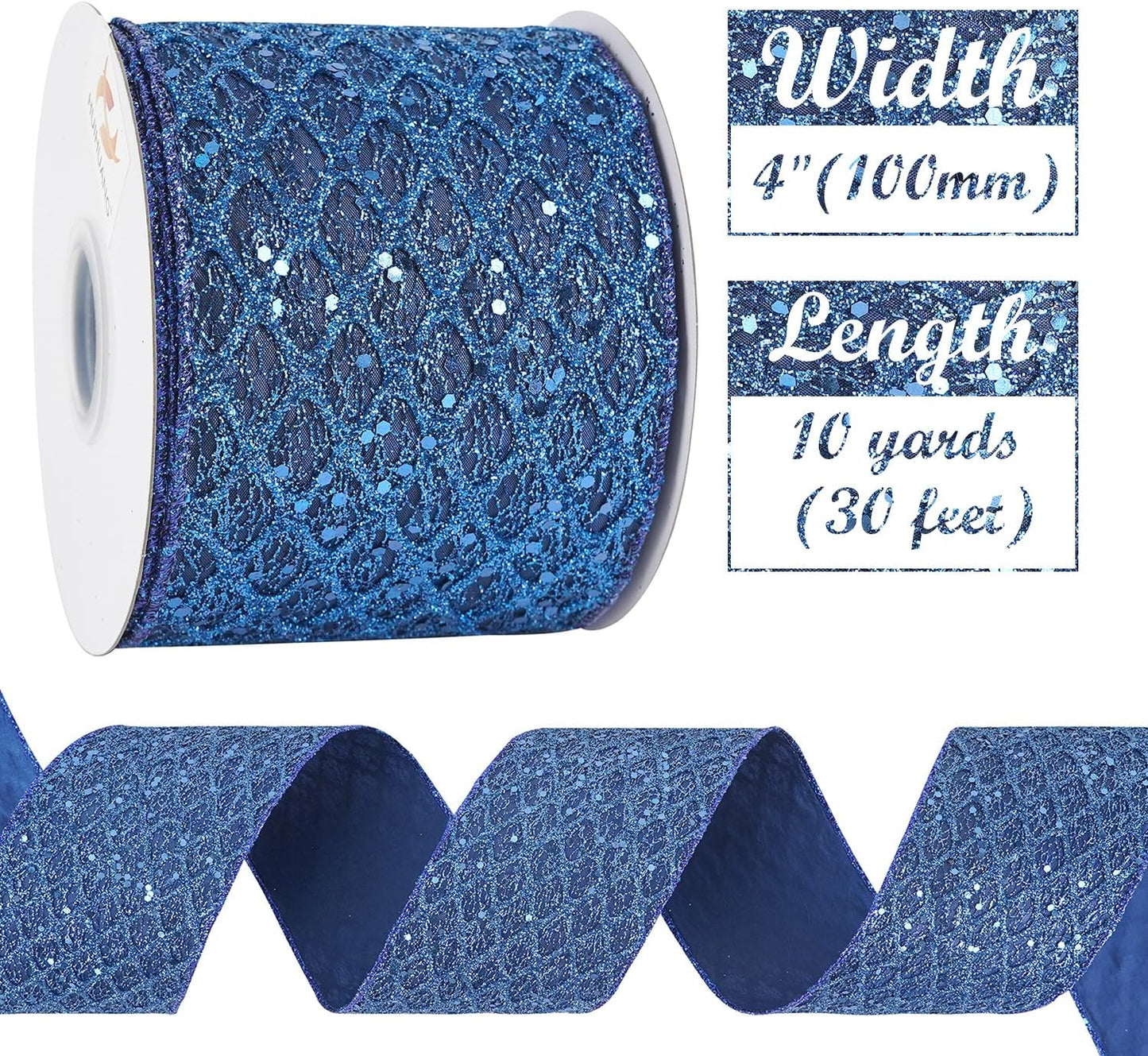 HUIHUANG Navy Blue Wired Christmas Ribbon 4 inch Navy Glitter Wired Ribbon Diamond Mesh Wire Ribbon for X-mas Tree Decorations, Wreaths, Garland, Large Bows Making, Home Decor -10 Yards - Crafty Corner