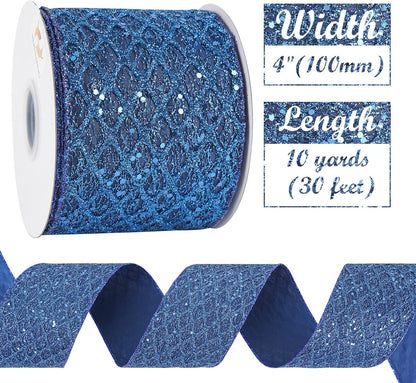 HUIHUANG Navy Blue Wired Christmas Ribbon 4 inch Navy Glitter Wired Ribbon Diamond Mesh Wire Ribbon for X-mas Tree Decorations, Wreaths, Garland, Large Bows Making, Home Decor -10 Yards - Crafty Corner