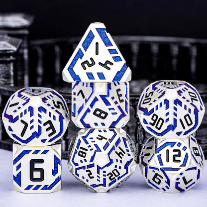 Metal DND Sci-fi Dice Set 7PCS Stripe Polyhedral Dice for Dungeons Dragons RPG Role Playing Game, Glitter D and D Dice with Gift Box D6 D8 D10 D12 D20 (Silver Blue)