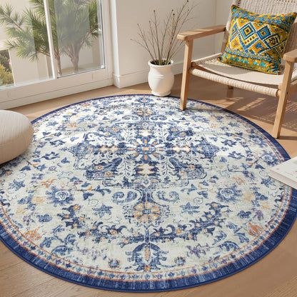 Lahome Bohemian Washable Round Rugs 6ft, Large Circle Rug for Living Room Bedroom, Soft Non-Slip Non-Shedding Loe Pile Printed Indoor Carpet for Kitchen Dining Room Office, Blue Purple/Multi