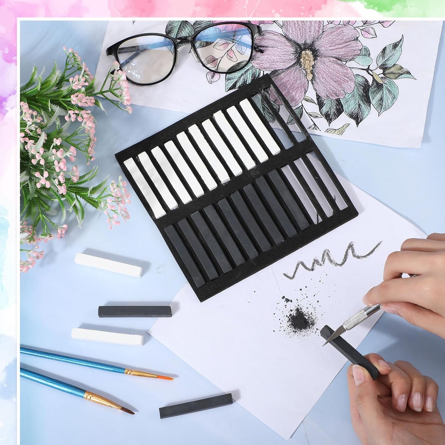 24 Pcs Soft Pastel Drawing Chalk Set Square Sketch Chalk Non-toxic Artist Pastel Sticks for Professional Artists Students and Art Lovers(Black, White)