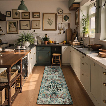 Lahome Bohemian Floral 2'8" x 8' Washable Hallway Runner Rug, Non Slip Kitchen Carpet Runners, Turkish Soft Pet Friendly Stair Mat for Bathroom Laundry Room Sunroom, Teal