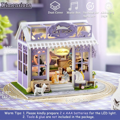 TuKIIE DIY Miniature House Kit with Furniture, 1:24 Scale Creative Room Mini Wooden Dollhouse Book Nook Plus Dust Proof & Music Movement for Kids Teens Adults(Cat Shop)