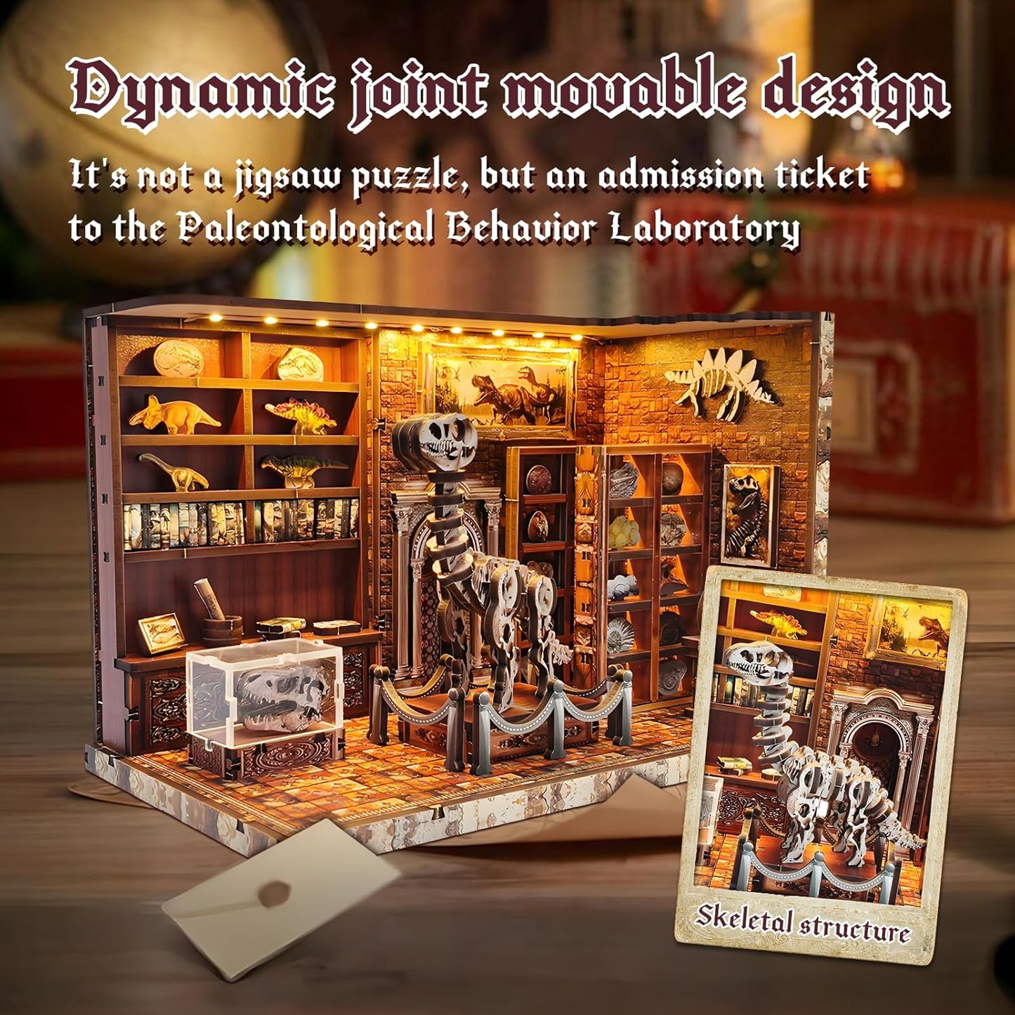 3D Wooden Puzzles for Adults, DIY Miniature Dollhouse, Book Nook Kit, Built-in LED Model Kit Hobby Gifts for Adults Teens Home Decor, Ideal Gift for Teenager and Men (Dinosaur Museum)