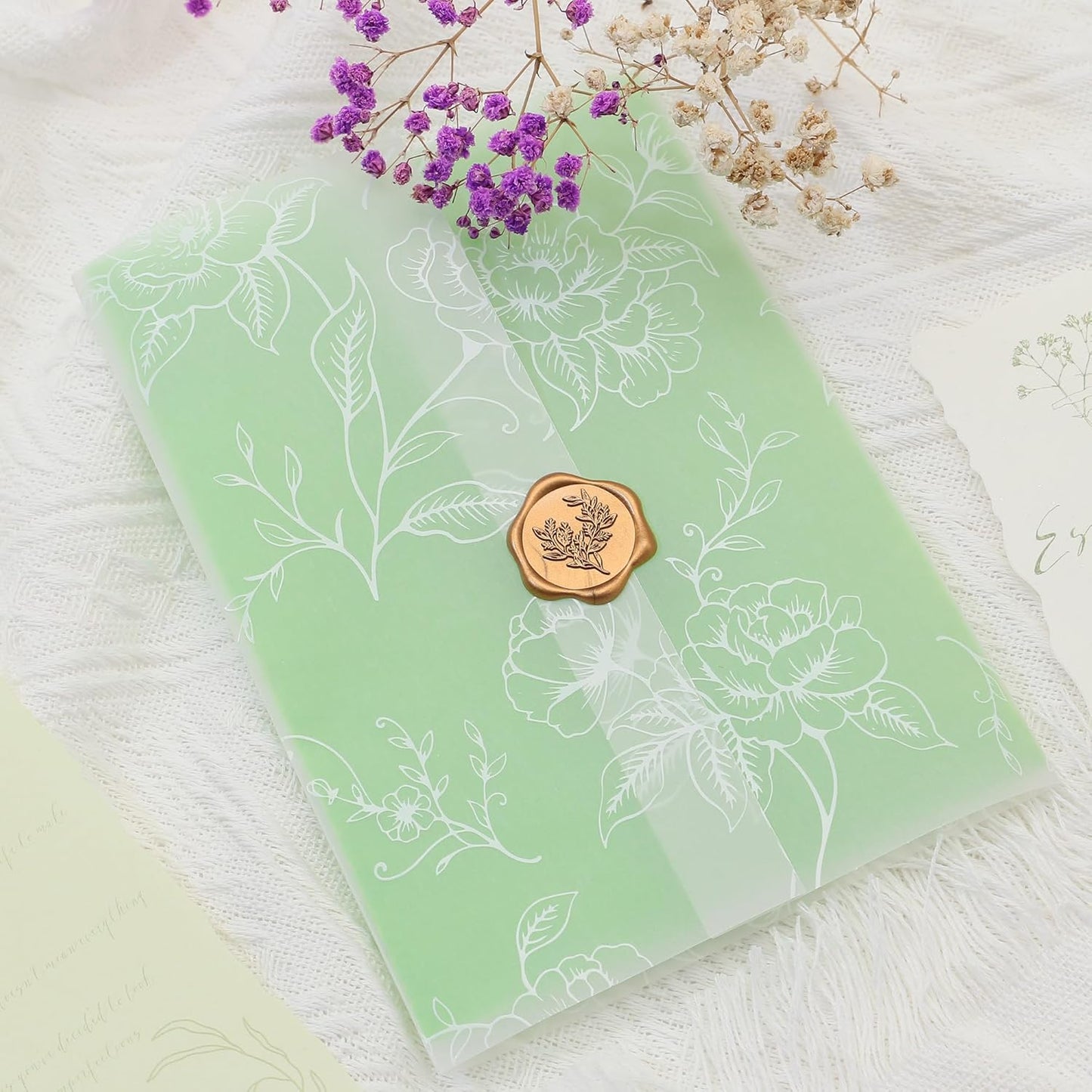 SWANGSA 50 Sets Wedding Invitations Wraps, Vellum Jackets for 5x7 Invitations & Self Adhesive Antique Gold Eucalyptus Wax Seal Stickers for Wedding Bridal Baby Shower Birthday Envelopes (White Rose)