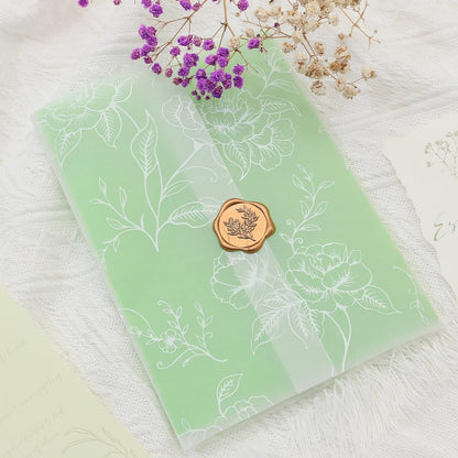 SWANGSA 50 Sets Wedding Invitations Wraps, Vellum Jackets for 5x7 Invitations & Self Adhesive Antique Gold Eucalyptus Wax Seal Stickers for Wedding Bridal Baby Shower Birthday Envelopes (White Rose)